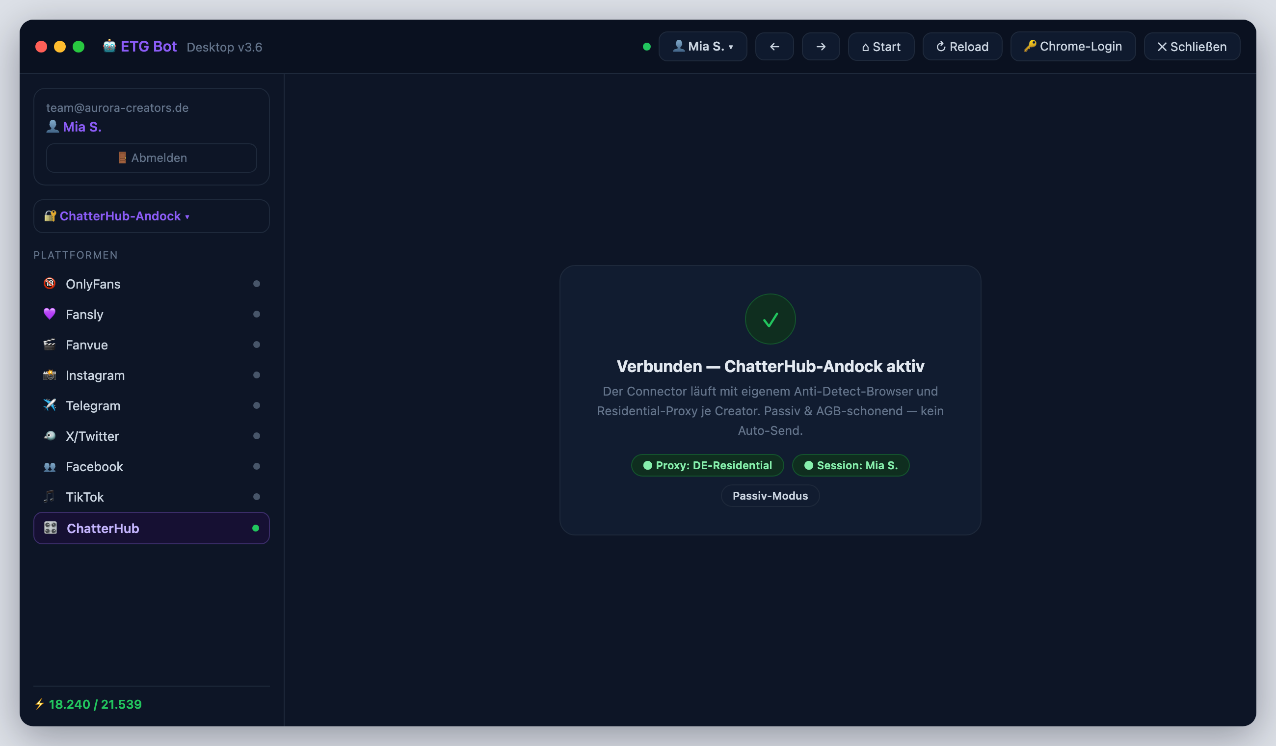 ETG Desktop-Bot — Multi-Plattform-Connector mit OnlyFans, Fansly, Fanvue, Instagram, Telegram, TikTok und ChatterHub