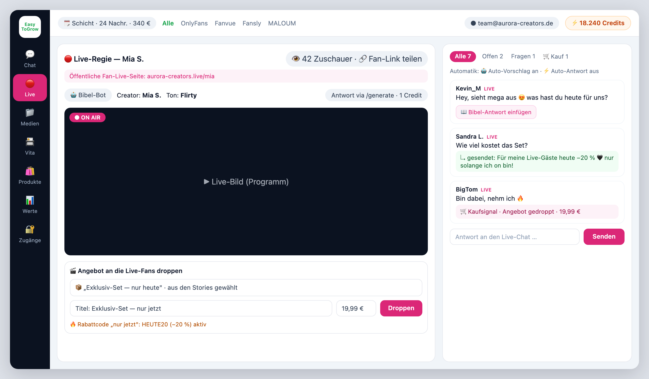ChatterHub Live-Regie — Live-Bild on air, Angebot-Drop, Live-Chat mit Kaufsignal