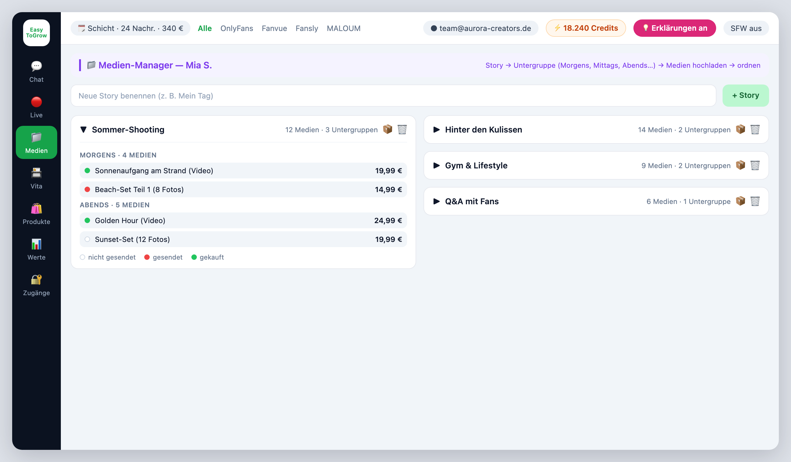 ChatterHub Medien-Manager — Stories mit Untergruppen, Medien mit Preis und PPV-Status