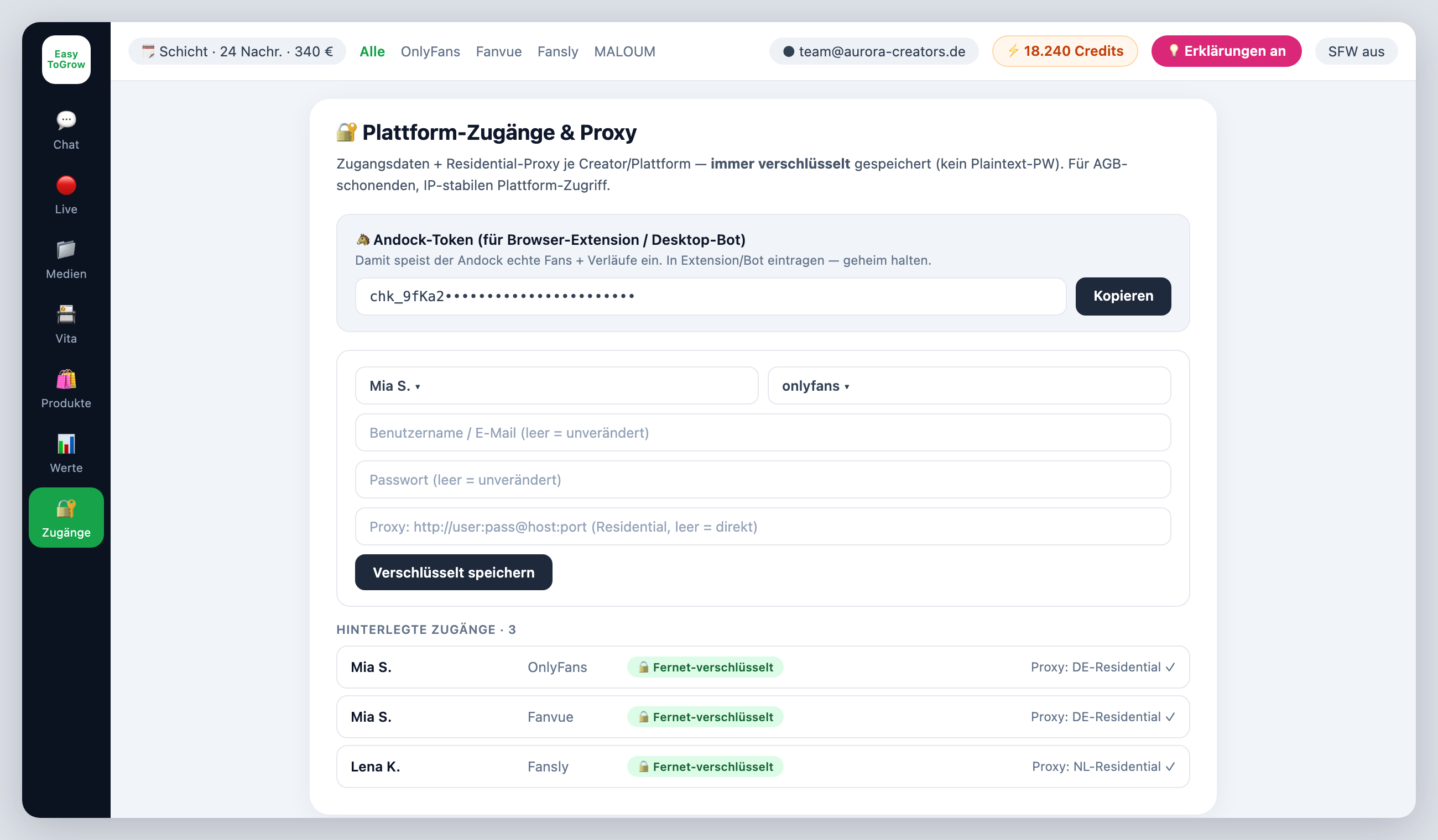 ChatterHub Zugänge — Plattform-Zugänge und Proxy, Fernet-verschlüsselt gespeichert